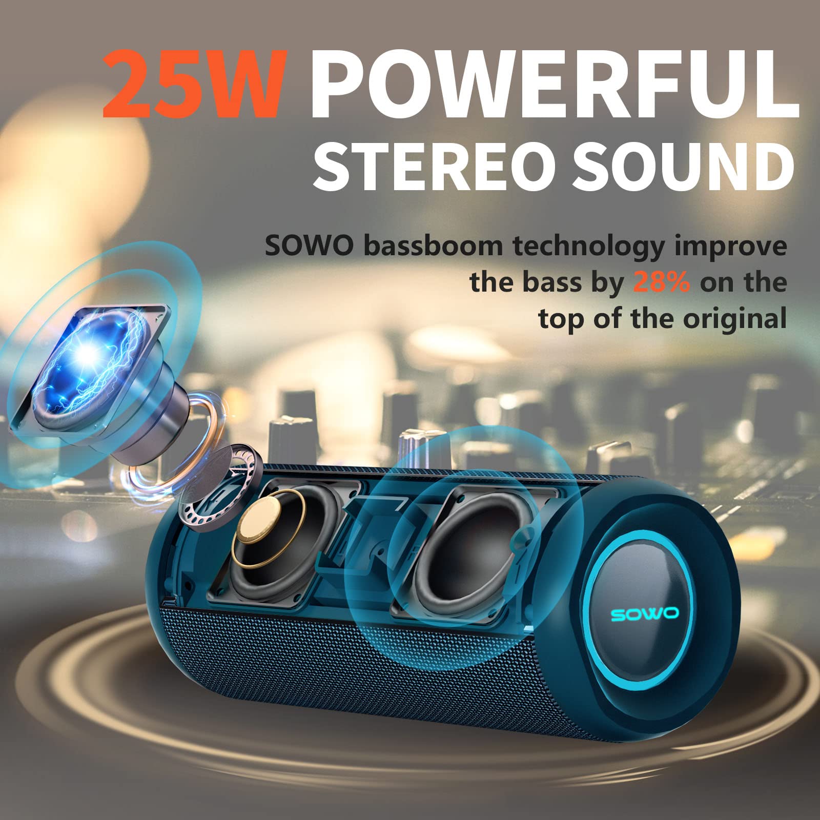 Portable Bluetooth Speaker, Ipx7 Waterproof Wireless Bluetooth Speaker, Bassboom Technology, 25W Loud Stereo Sound, Led Light Wi